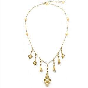 Vintage West German Gold-Tone Filigree Faux Pearl Necklace | Floral Drop Design